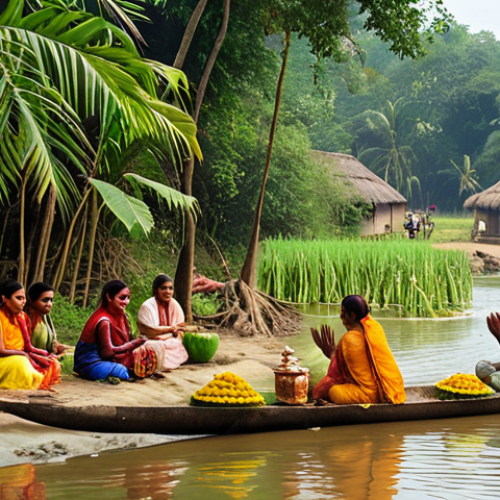Home 11 **Image Prompt:** A vibrant scene depicting a rural Bengali village where people are performing a traditional riverbank puja (worship) for a bountiful harvest. Show the natural elements like the river, trees, and offerings, reflecting the core of Lokayata beliefs rooted in nature and local customs.