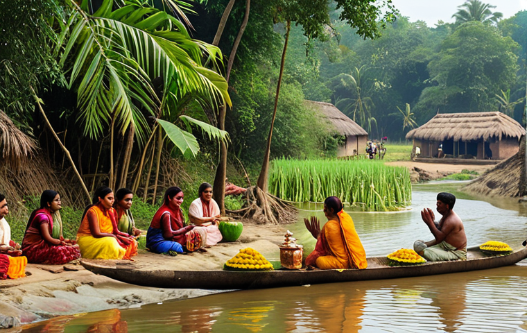 **Image Prompt:** A vibrant scene depicting a rural Bengali village where people are performing a traditional riverbank puja (worship) for a bountiful harvest. Show the natural elements like the river, trees, and offerings, reflecting the core of Lokayata beliefs rooted in nature and local customs.
