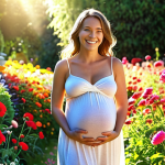 **A pregnant woman walking through a vibrant flower garden, bathed in sunlight. Focus on the joy and serenity in her expression.**