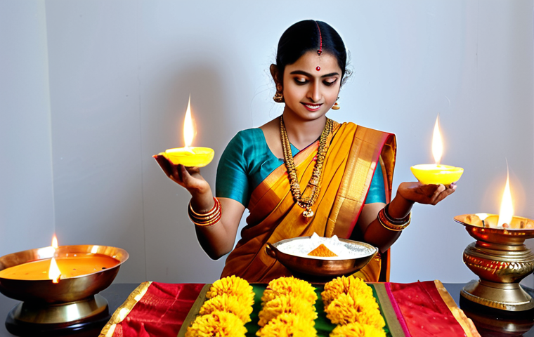 **

"A Bengali woman, fully clothed in a traditional sari, performing Lakshmi Puja at home, with diya lamps and offerings. The puja space is clean and well-lit, reflecting prosperity. Safe for work, appropriate content, perfect anatomy, natural proportions, professional, modest, family-friendly, high quality."

**