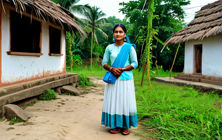 **

A peaceful village scene showing a woman in modest traditional Bengali clothing, standing near a temple. She has a calm and serene expression. Villagers are gathered respectfully around her. The scene should evoke a sense of spiritual connection and community. Fully clothed, appropriate attire, safe for work, perfect anatomy, natural proportions, professional, modest, family-friendly, high quality.

**
