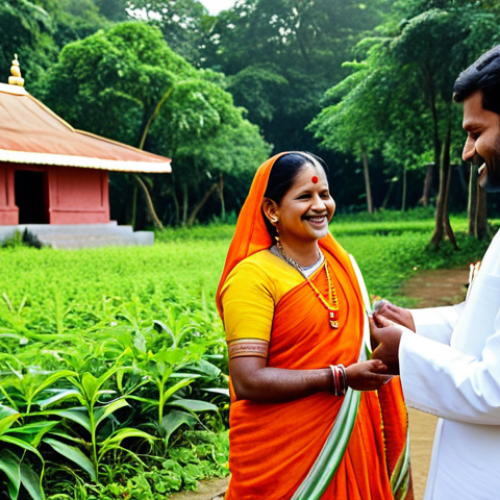 Home 23 **
A family-friendly scene at a Lokayata Devi shrine in a rural Bengali village. A fully clothed mother and father smile as their child (fully clothed in traditional attire) receives a blessing from a priest. Lush green trees surround the peaceful shrine. Safe for work, appropriate content, modest attire, professional photography, perfect anatomy, natural pose, high quality.
**