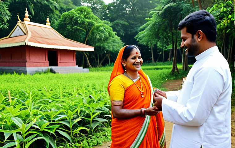 **

A family-friendly scene at a Lokayata Devi shrine in a rural Bengali village. A fully clothed mother and father smile as their child (fully clothed in traditional attire) receives a blessing from a priest. Lush green trees surround the peaceful shrine. Safe for work, appropriate content, modest attire, professional photography, perfect anatomy, natural pose, high quality.

**