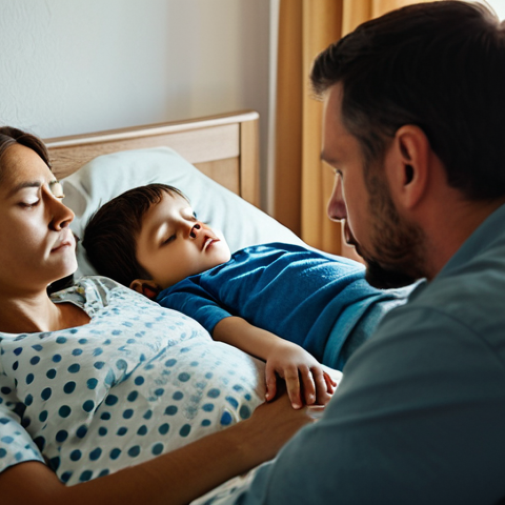 빙의 경험담과 사례 - **Image:** A concerned family gathered around a person sleeping soundly in bed.
**Prompt:** A fa...