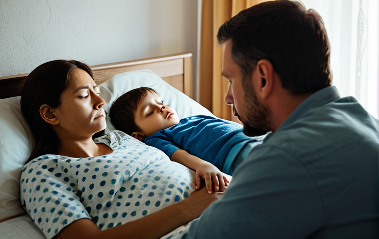 빙의 경험담과 사례 - **Image:** A concerned family gathered around a person sleeping soundly in bed.
    **Prompt:** A fa...