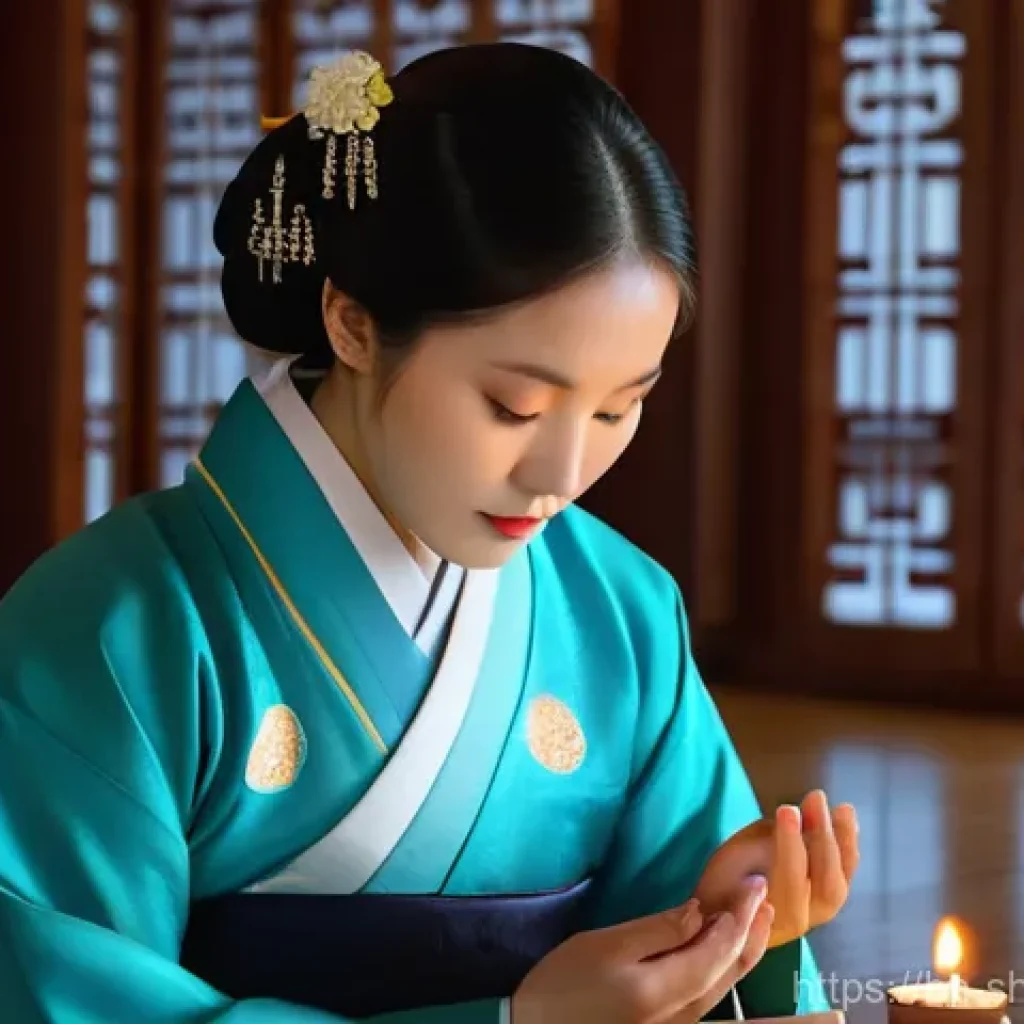 삼재풀이와 굿의 차이 - **A serene Korean woman performing a 'Samjae-puri' ritual in a traditional temple setting.** She is ...