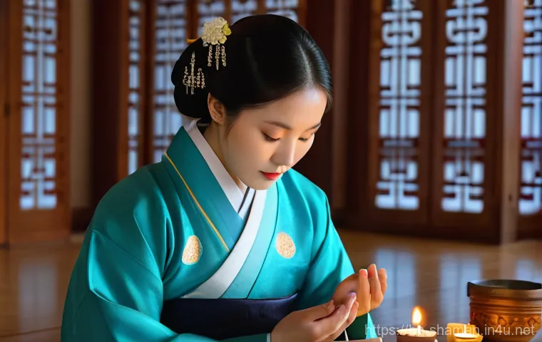 삼재풀이와 굿의 차이 - **A serene Korean woman performing a 'Samjae-puri' ritual in a traditional temple setting.** She is ...
