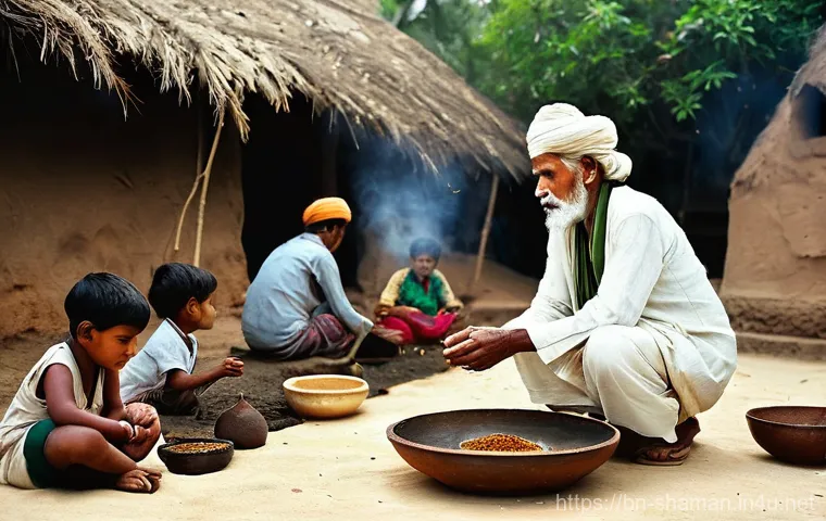 무속의 지역별 특징 - **A traditional Bengali village healer (Ojah/Gunin) performing a ritual.** An elderly, wise-looking ...