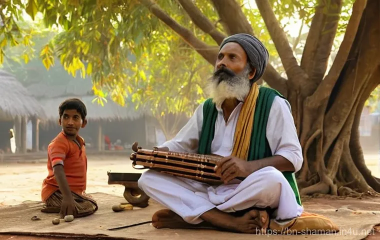 무속의 지역별 특징 - **A serene scene of Bengali villagers making offerings to a sacred river.** A group of people, inclu...