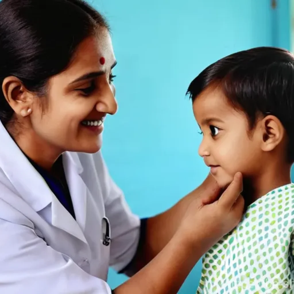 무속에서 아이를 보호하는 방법 - **Prompt:** A heartwarming scene in a clean, modern pediatric clinic. A kind female doctor, dressed ...