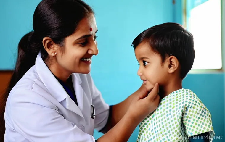 무속에서 아이를 보호하는 방법 - **Prompt:** A heartwarming scene in a clean, modern pediatric clinic. A kind female doctor, dressed ...