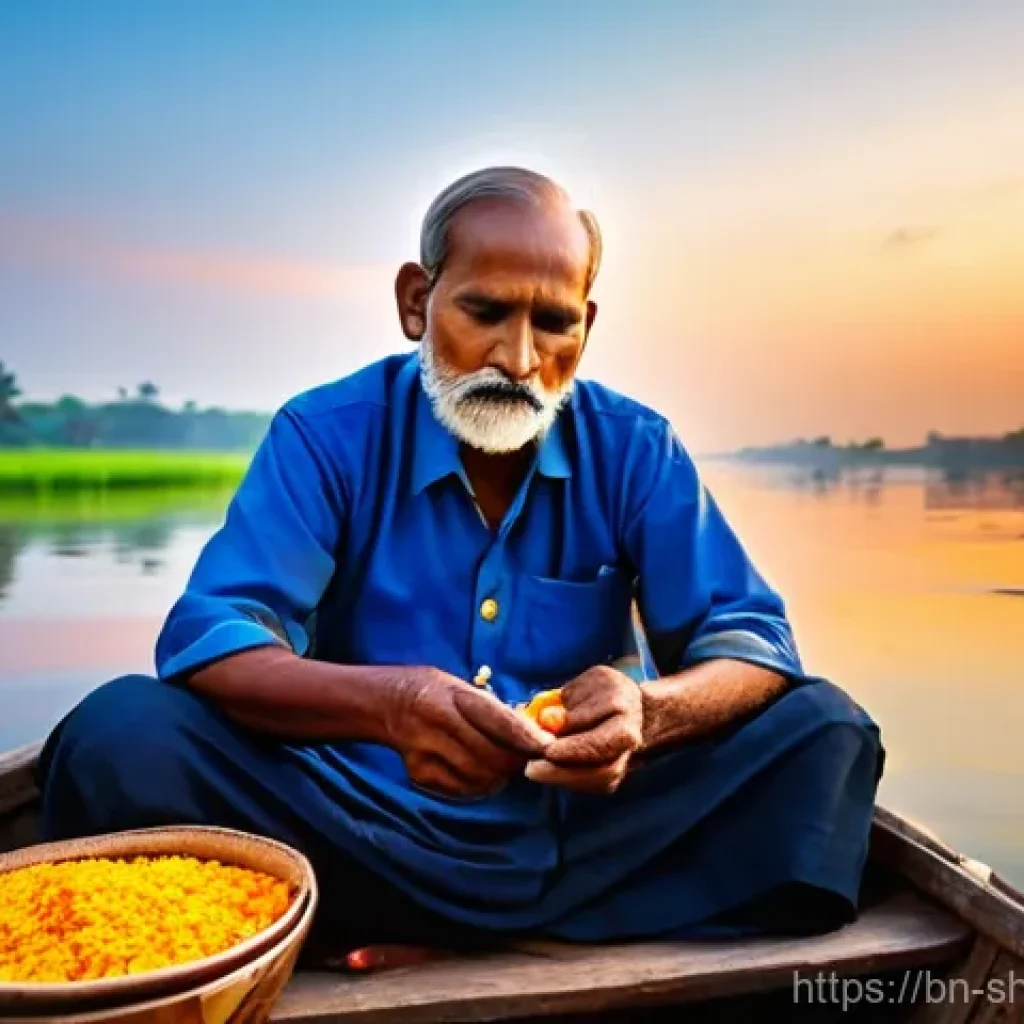 무속과 어업 관련 신앙 - **Prompt:** A serene dawn scene by a tranquil river in rural Bengal. A middle-aged Bengali fisherman...