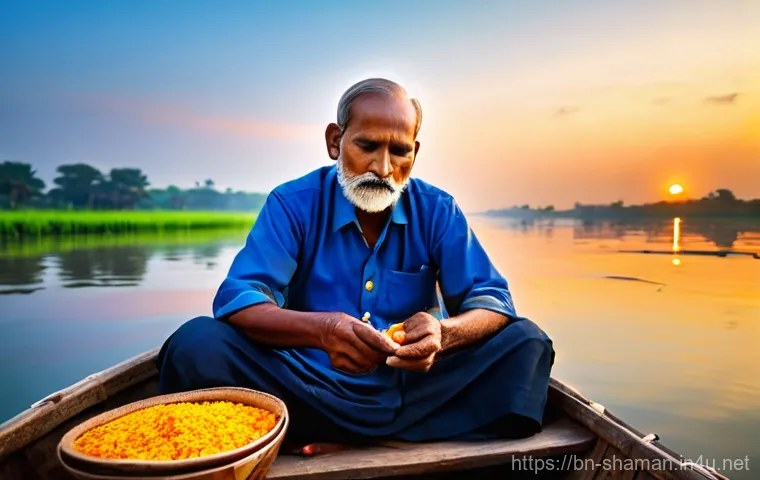 무속과 어업 관련 신앙 - **Prompt:** A serene dawn scene by a tranquil river in rural Bengal. A middle-aged Bengali fisherman...