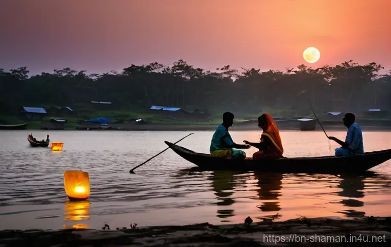 무속과 어업 관련 신앙 - **Prompt:** A serene dawn scene by a tranquil river in rural Bengal. A middle-aged Bengali fisherman...