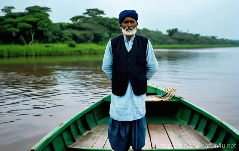 무속과 어업 관련 신앙 - **Prompt:** A vibrant and communal scene on a full moon night at a riverside dock in a Bengali fishi...