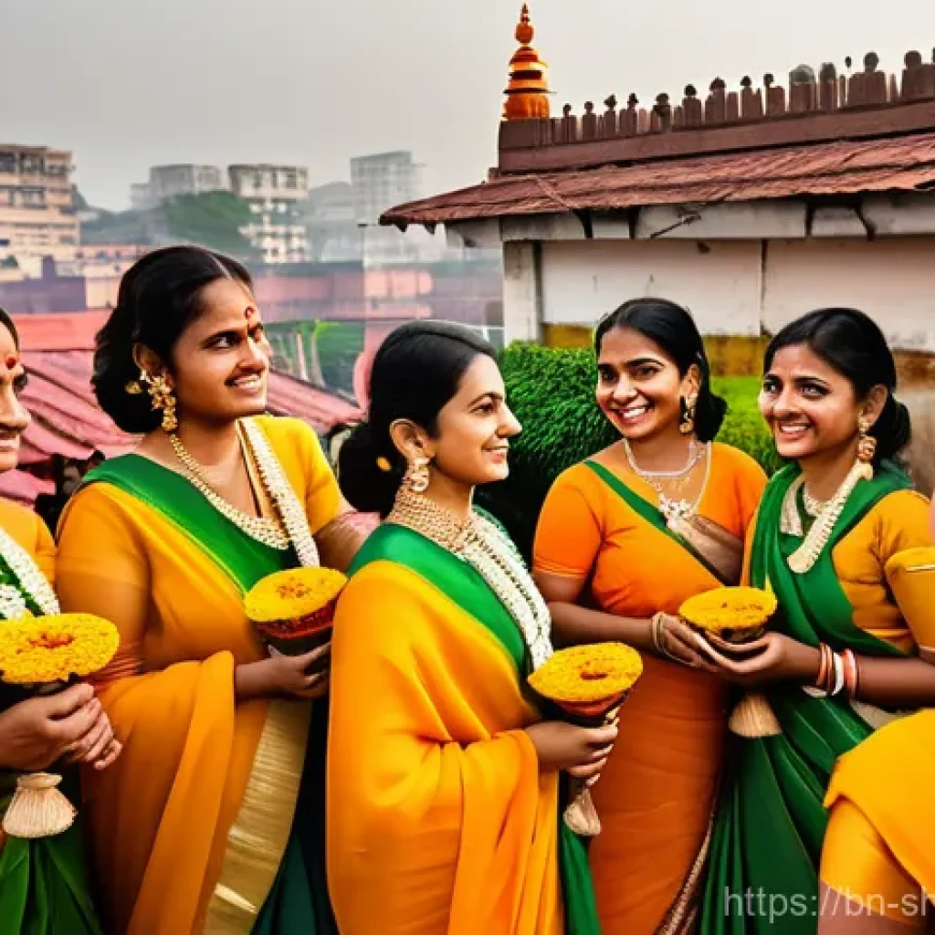 무속 전통과 현대의 조화 - **A Vibrant Urban Basanti Puja Celebration**: A group of young Bengali women, aged 20-30, are joyful...