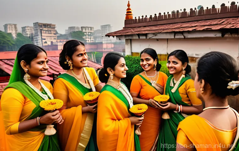 무속 전통과 현대의 조화 - **A Vibrant Urban Basanti Puja Celebration**: A group of young Bengali women, aged 20-30, are joyful...
