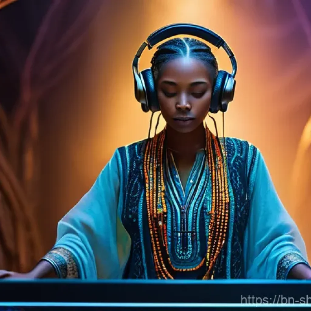 무속 음악의 현대적 변주 - A contemporary female artist, with a radiant and focused expression, is performing on a stage. She w...