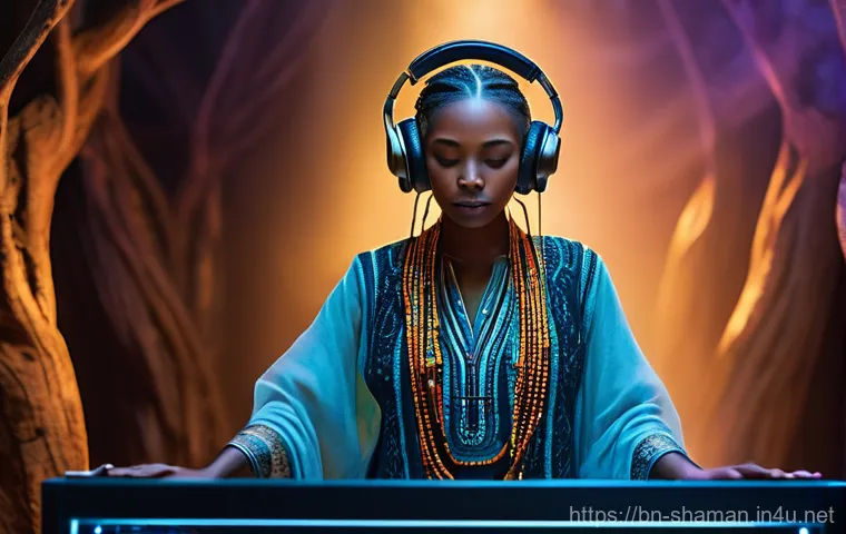 무속 음악의 현대적 변주 - A contemporary female artist, with a radiant and focused expression, is performing on a stage. She w...