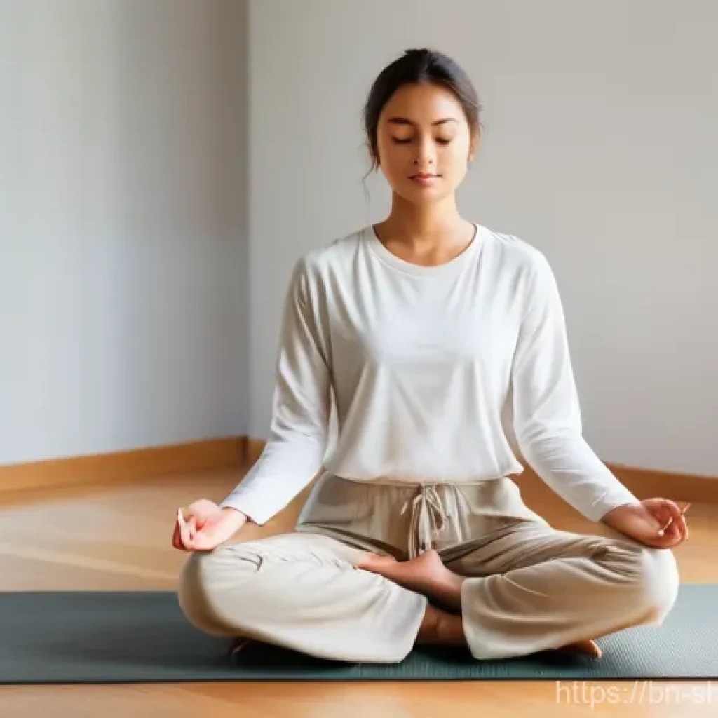 무속 관련 유튜브 채널 - **Prompt:** A serene, gender-neutral young adult, fully clothed in loose, modest beige yoga pants an...