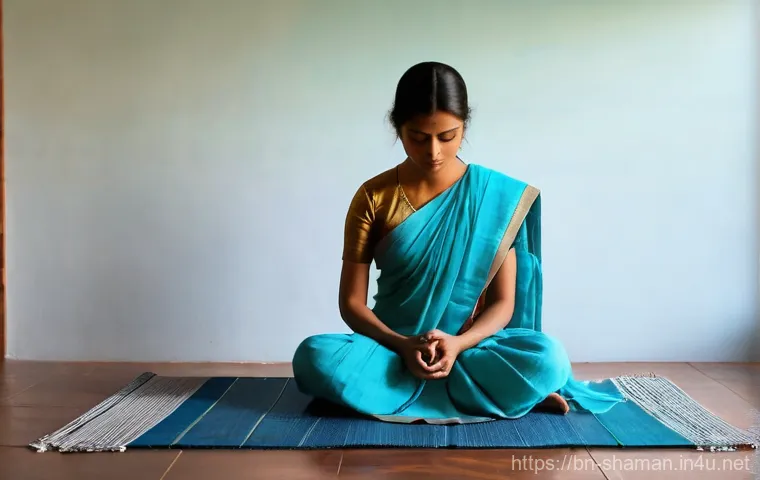 무속 신앙의 심리학 - **Prompt 1: Inner Peace Amidst Modernity**
A young Bengali woman, in her late 20s, with a serene...