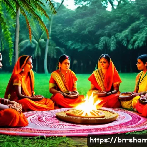 무속 관련 관광 코스 - A serene scene depicting a traditional Musak spiritual ceremony held in a lush rural setting of Beng...