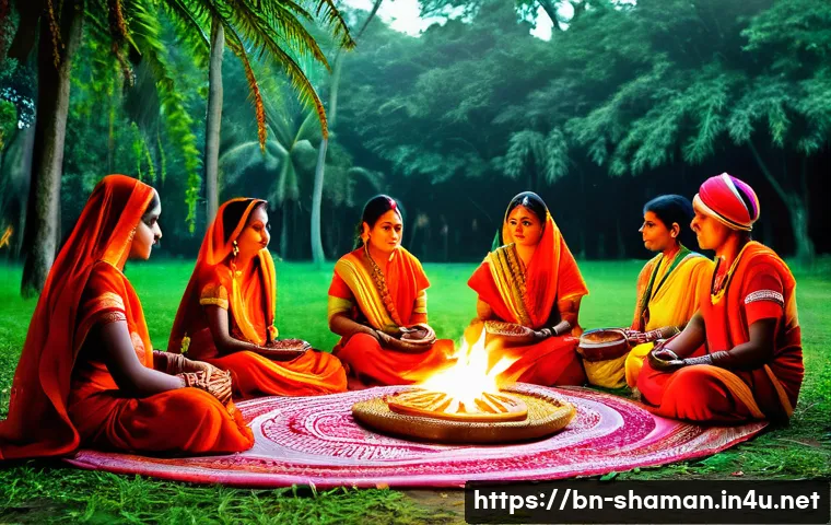 무속 관련 관광 코스 - A serene scene depicting a traditional Musak spiritual ceremony held in a lush rural setting of Beng...