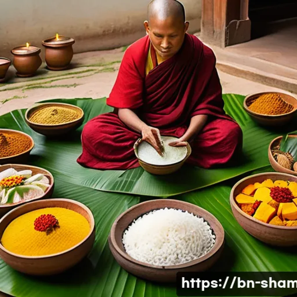 무속 의식에서 사용되는 음식 - A traditional Bengali spiritual feast setup featuring an assortment of symbolic foods such as sweet ...