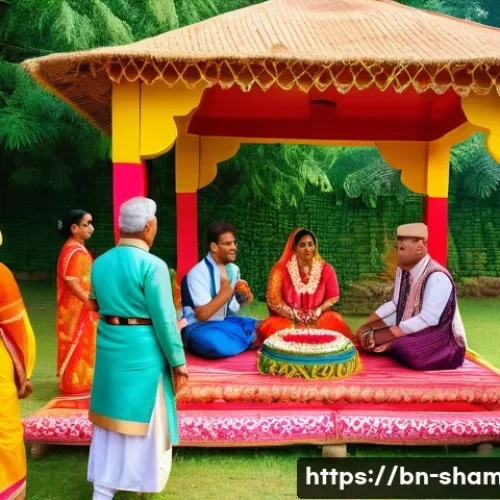 무속 문화의 세계화 - A vibrant traditional Bengali Musak ceremony taking place in a rural village setting during daytime,...