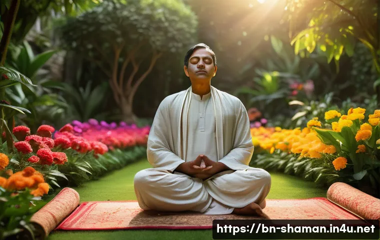 무속 꿈 해몽 사례 - A serene scene of a Bengali person meditating peacefully in a lush garden at dawn, surrounded by vib...