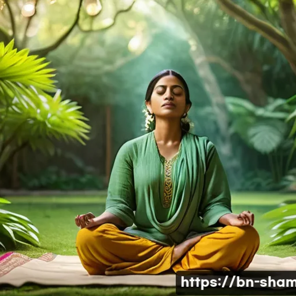 무속 신앙과 에너지 치유 - A serene Bengali woman meditating peacefully in a traditional lush green garden, wearing modest comf...