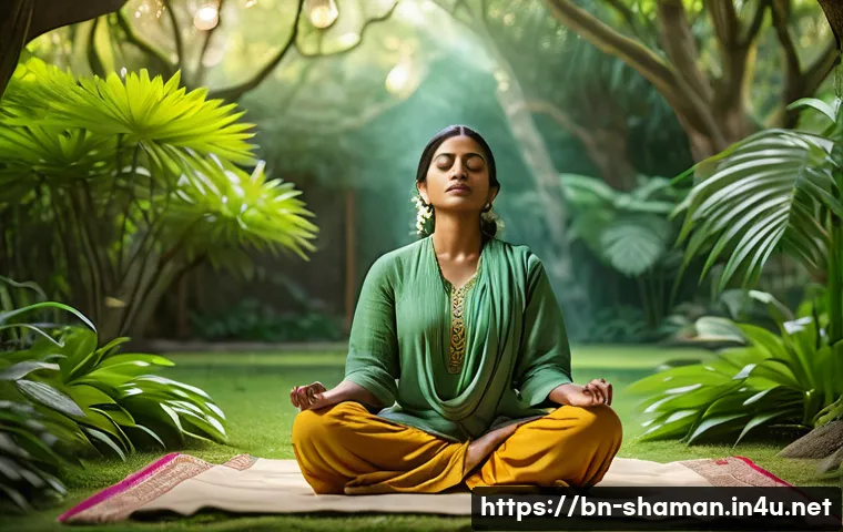 무속 신앙과 에너지 치유 - A serene Bengali woman meditating peacefully in a traditional lush green garden, wearing modest comf...