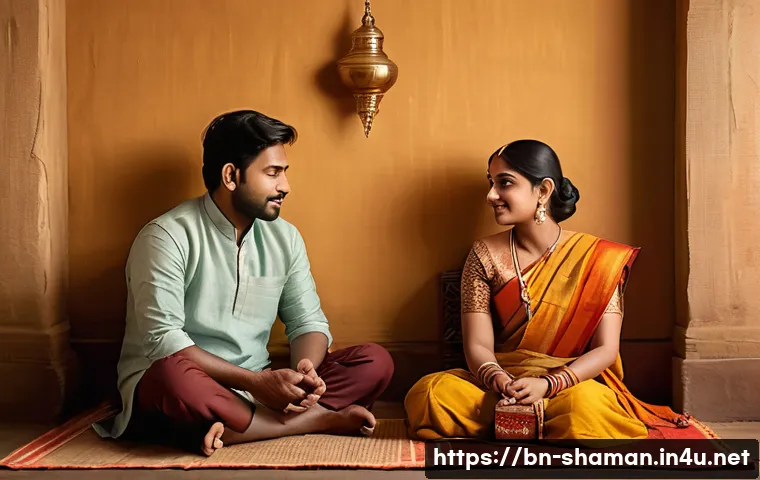 무속에서 인간 관계 개선법 - A serene and thoughtful Bengali couple sitting together in a cozy, warmly lit room, engaging in deep...