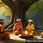 Home 21 무속인의 생활과 이야기 - A serene outdoor scene depicting a traditional Muskin spiritual ritual in a forest clearing surround...