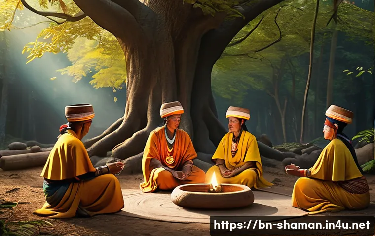 무속인의 생활과 이야기 - A serene outdoor scene depicting a traditional Muskin spiritual ritual in a forest clearing surround...