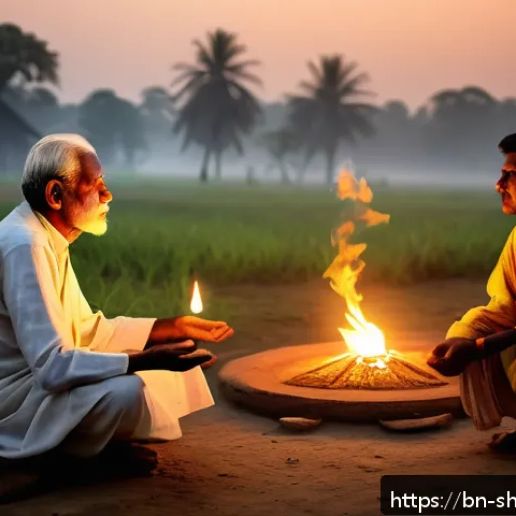무속 신앙을 다룬 다큐멘터리 - A serene rural Bengali village scene at dusk, featuring an elderly man in traditional attire telling...