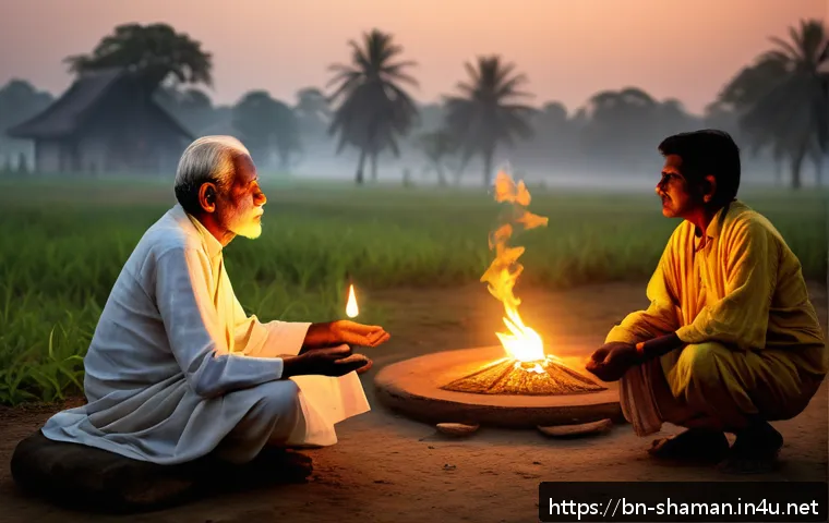 무속 신앙을 다룬 다큐멘터리 - A serene rural Bengali village scene at dusk, featuring an elderly man in traditional attire telling...