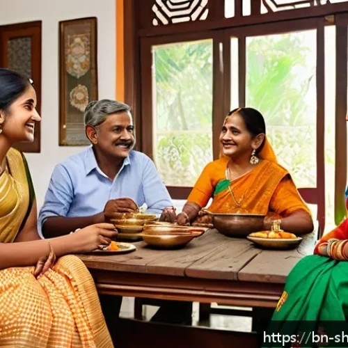 Home 31 무속에서 가족 화합을 위한 의식 - A warm Bengali family sitting together around a traditional wooden dining table, sharing a heartfelt...