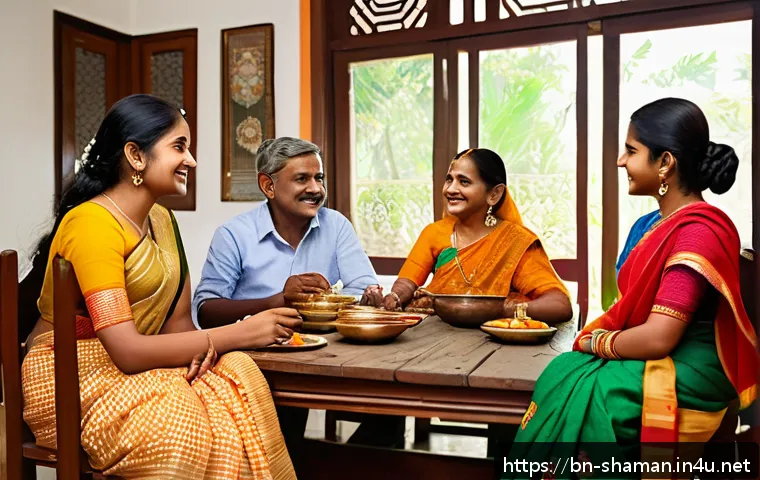 무속에서 가족 화합을 위한 의식 - A warm Bengali family sitting together around a traditional wooden dining table, sharing a heartfelt...