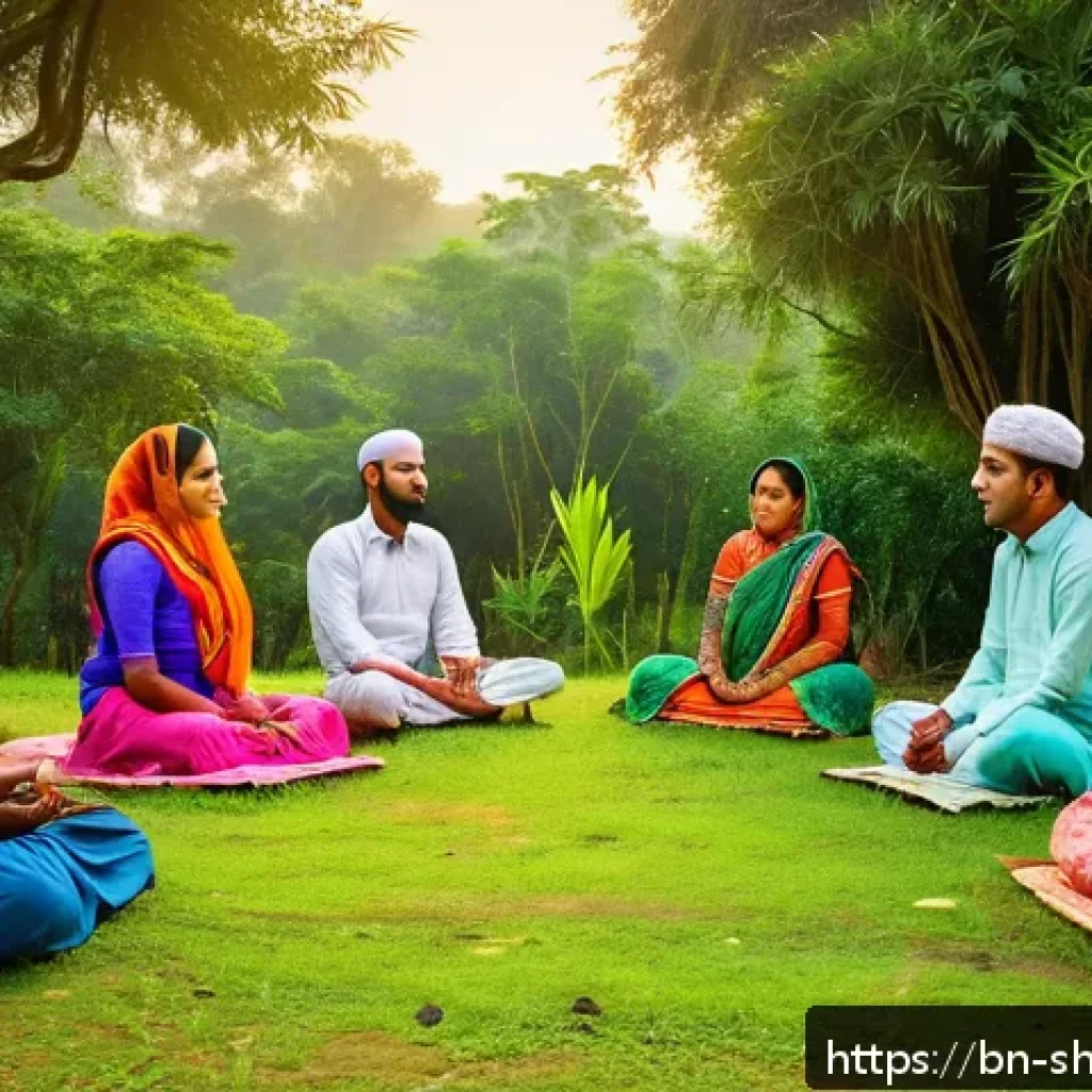 무속 신앙의 역사 - A serene scene depicting a traditional Bengali Muslim spiritual gathering in a rural village, with m...