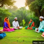 Home 18 무속 신앙의 역사 - A serene scene depicting a traditional Bengali Muslim spiritual gathering in a rural village, with m...
