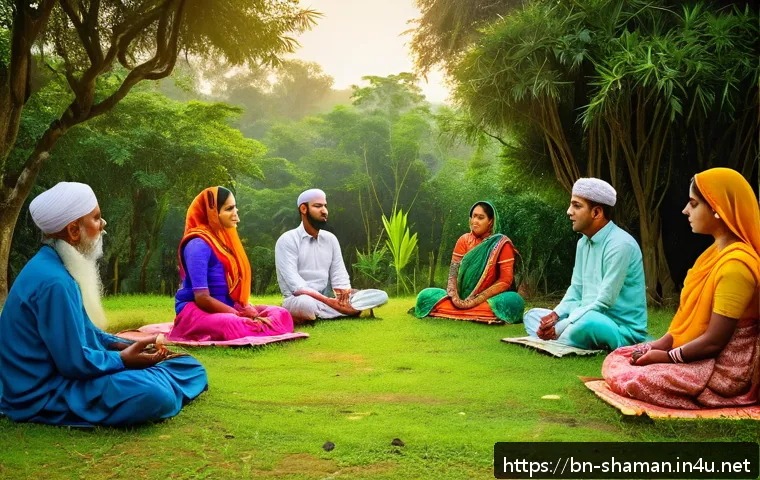 무속 신앙의 역사 - A serene scene depicting a traditional Bengali Muslim spiritual gathering in a rural village, with m...