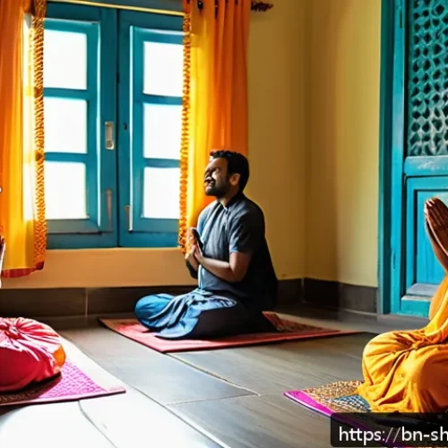 Home 17 무속에서 길한 날 - A serene morning scene in a traditional Bengali household, sunlight streaming through windows illumi...