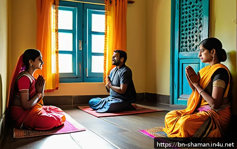 무속에서 길한 날 - A serene morning scene in a traditional Bengali household, sunlight streaming through windows illumi...
