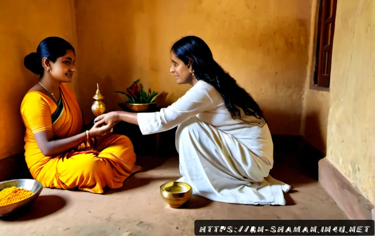 무속과 치유 의식의 종류 - Photorealistic peaceful Bengali folk healing ritual inside a simple rural home, a compassionate elde...