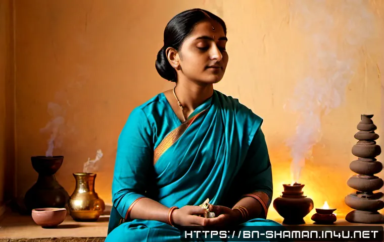 Home 17 무속과 스트레스 해소 - Photorealistic peaceful Bengali woman in modest traditional clothing sitting calmly beside a simple ...